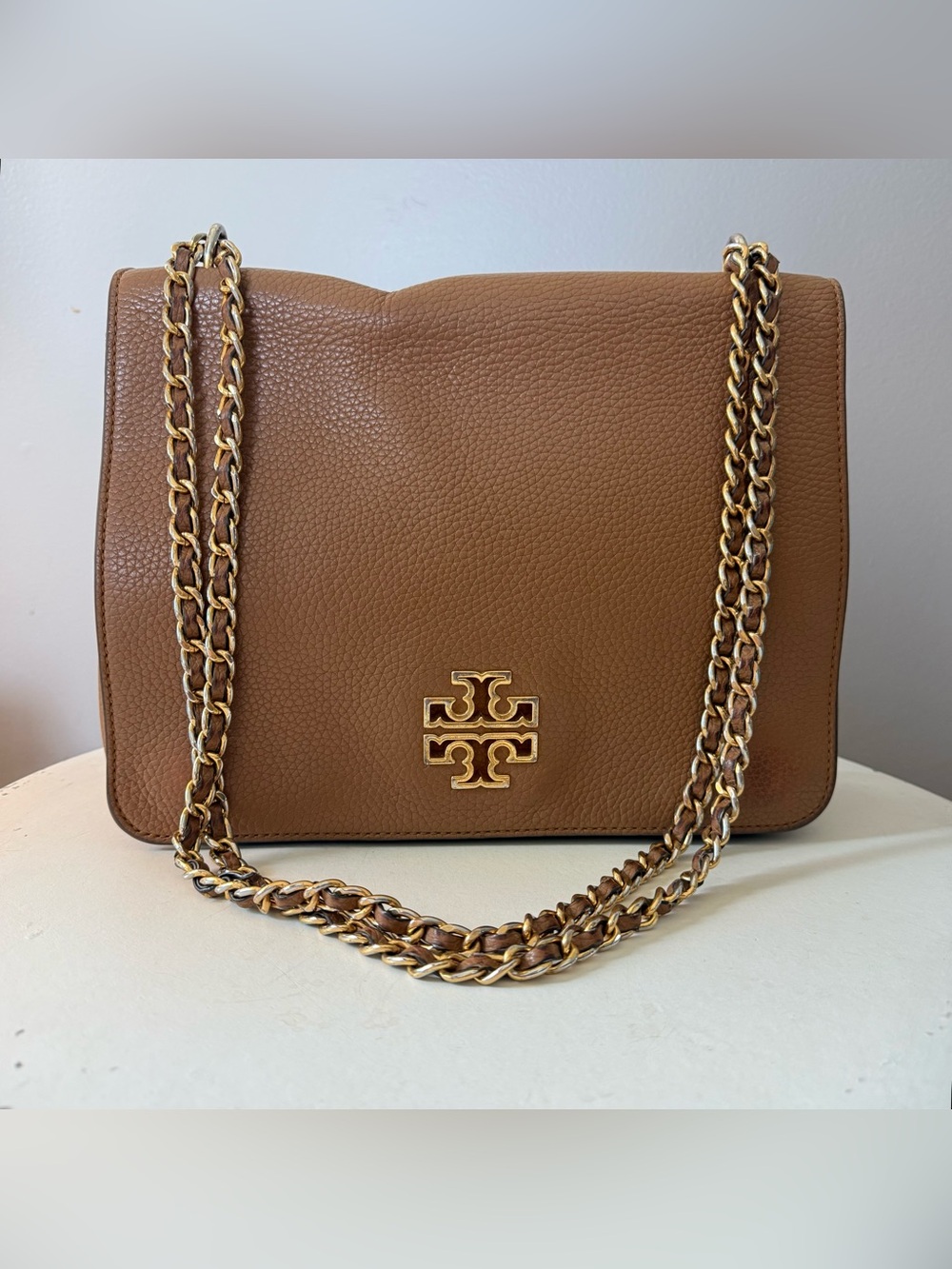 Tory Burch Britten Large Shoulder Bag Brown Pebbled Leather